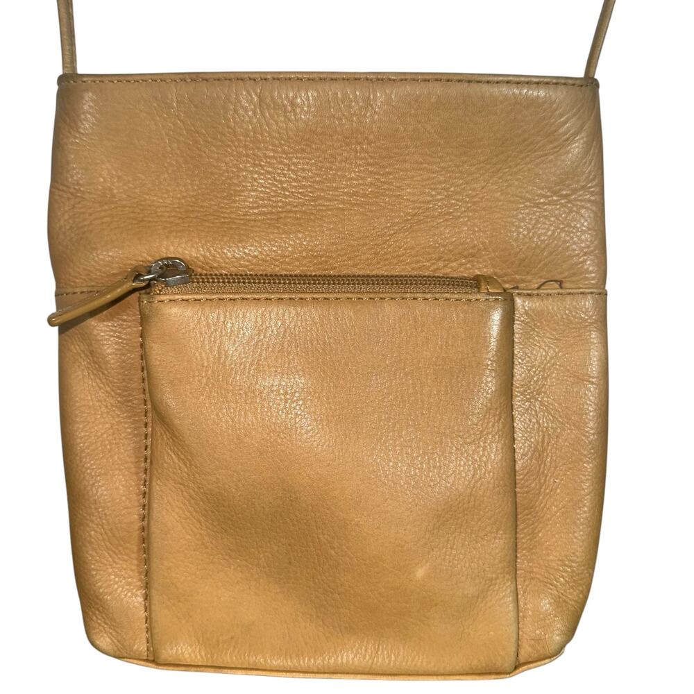 vintage Tan Leather Crossbody Bag Minimalist Shoulder Purse w/ Front Zip Pocket